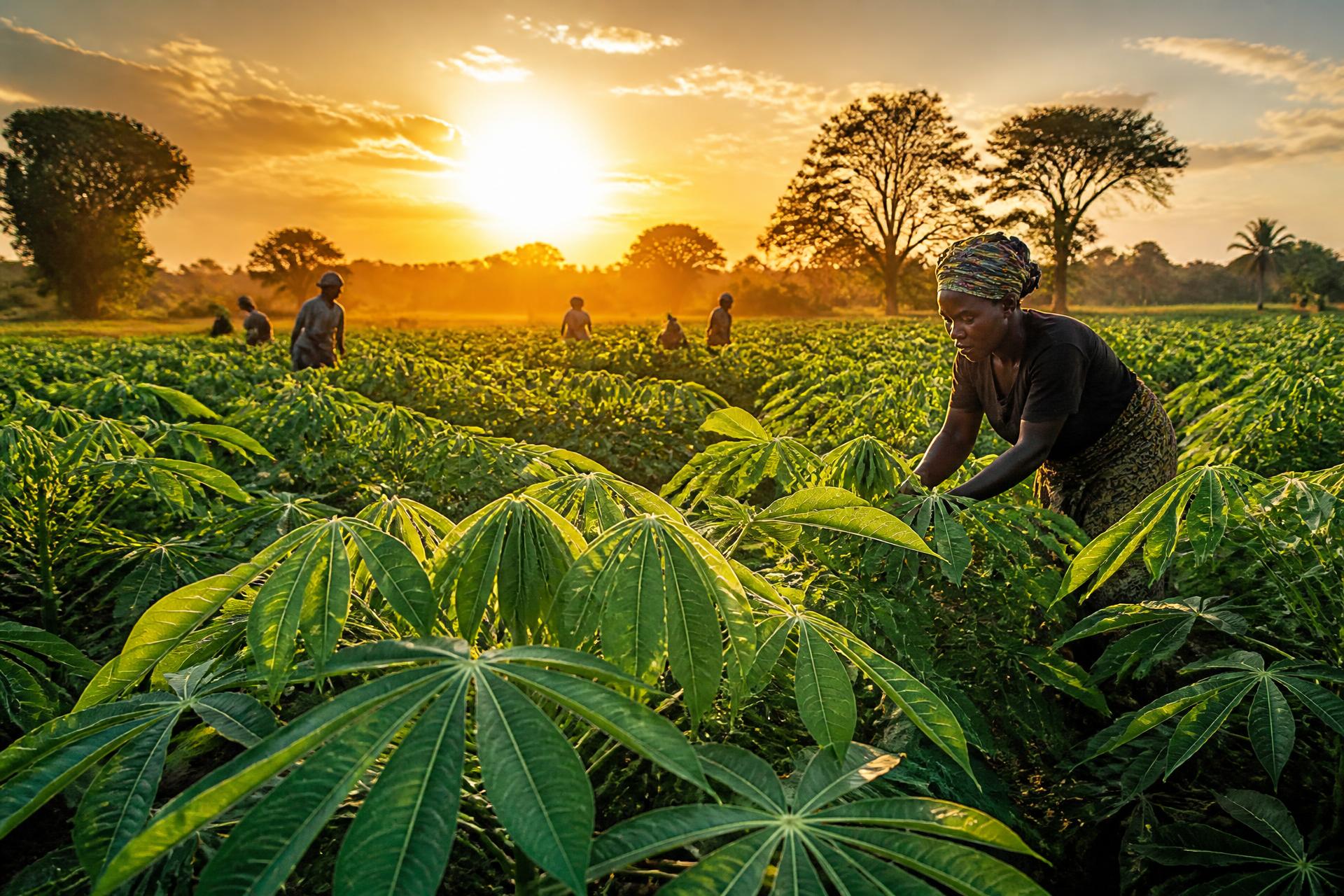 Cassava plantation in Côte d'Ivoire at golden hour