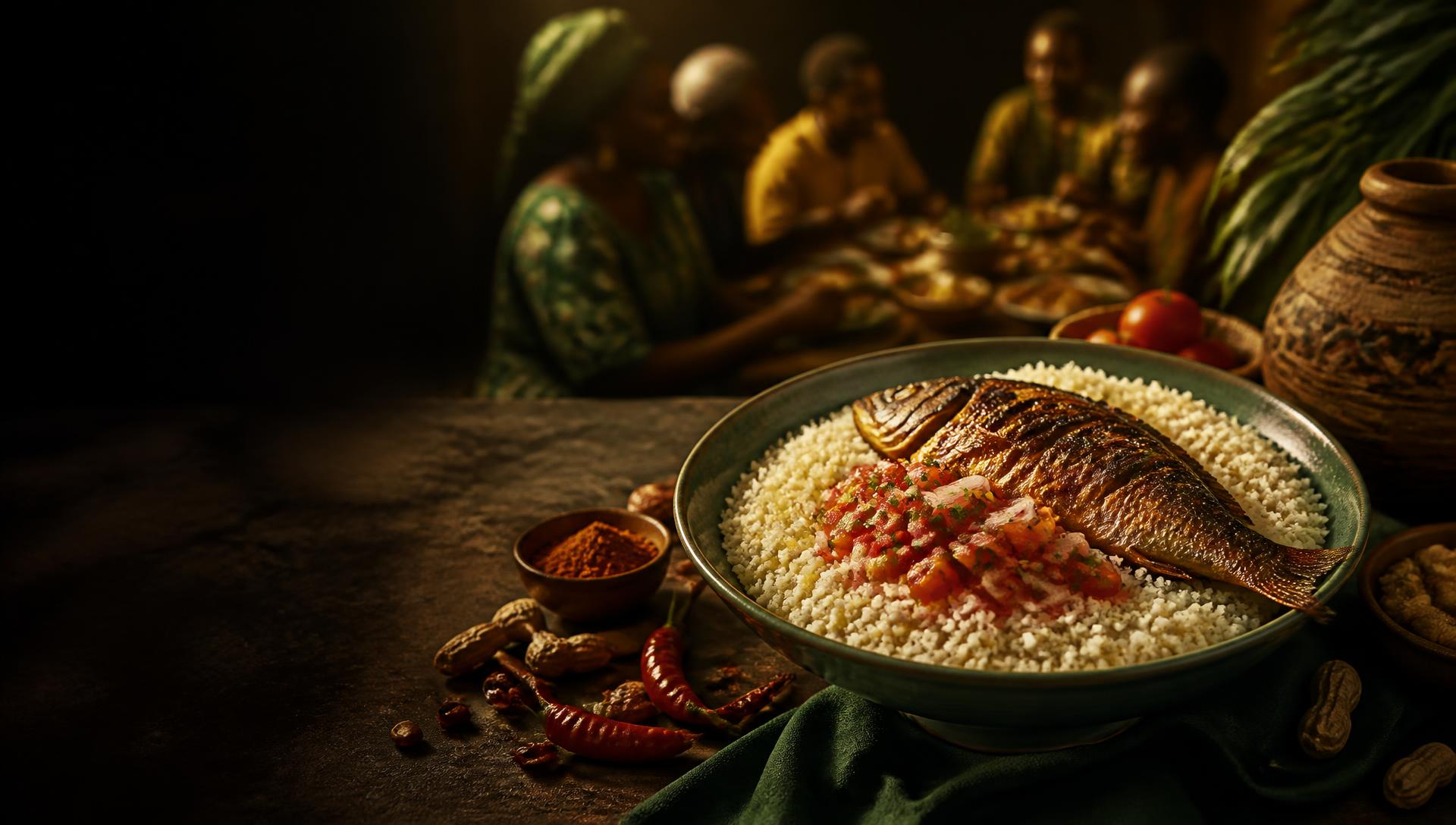 Authentic Ivorian attiéké served with grilled fish